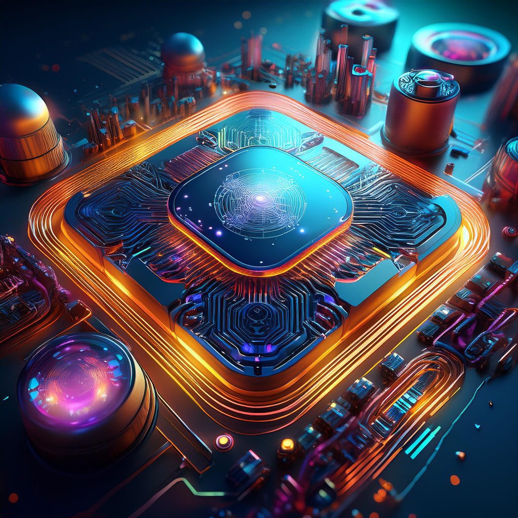 Microchip futurista con un núcleo cuadrado con luz azul y púrpura, circuitos dorados y naranjas, y componentes electrónicos luminosos sobre un fondo oscuro, simbolizando la innovación y el potencial de la inteligencia artificial.
